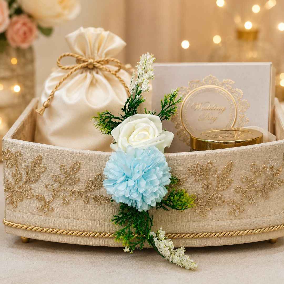 Sky Blue & White Floral Decoration Accessory for Hamper Packing