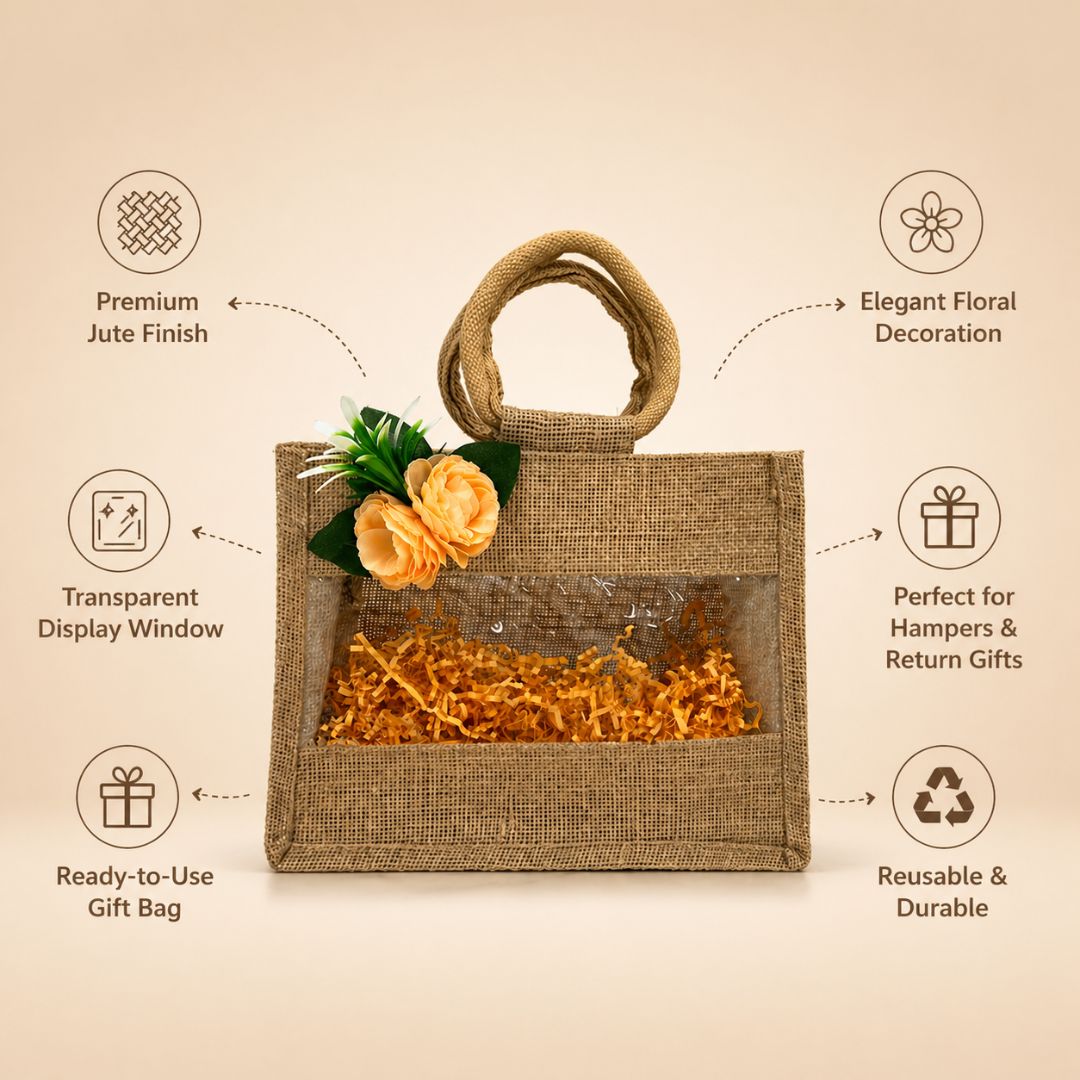 (Set of 5)Premium Jute Gift Basket with Transparent Window & Floral Accent – 11 x 13 Inch
