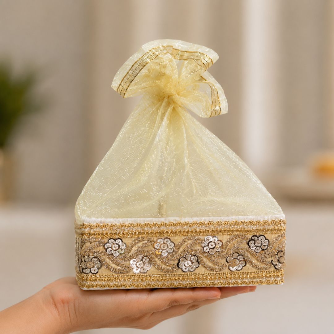 Set of 3-Ivory Gold Embroidered Wedding Hamper Basket Set