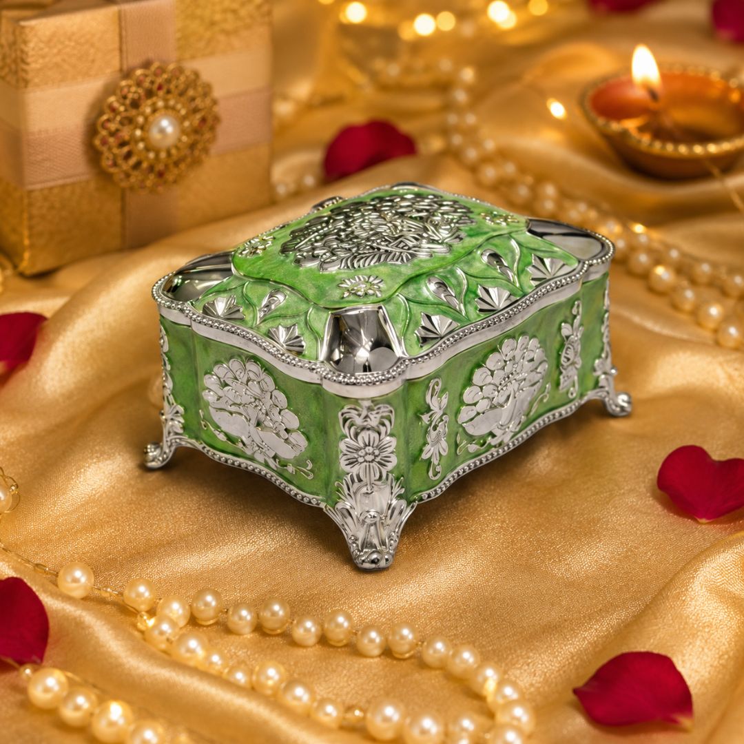 Green Enamel German Silver Decorative Jewellery & Keepsake Box (4 x 3 x 3 Inch)