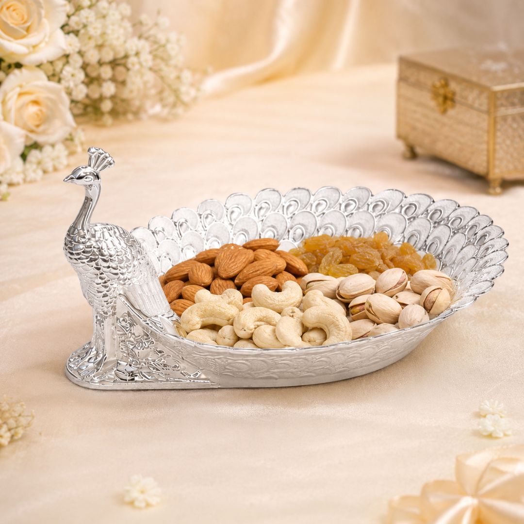 Peacock-Shaped German Silver Dry Fruit Tray (8 Inch) – Elegant Wedding & Festive Serving Platter - Adscraft.in