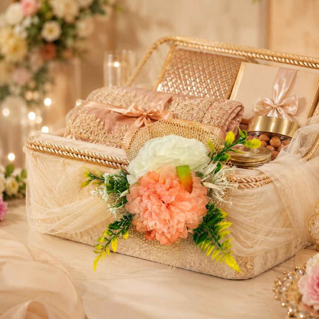 Peach & White Floral Net Decoration Accessory for Hamper Packing