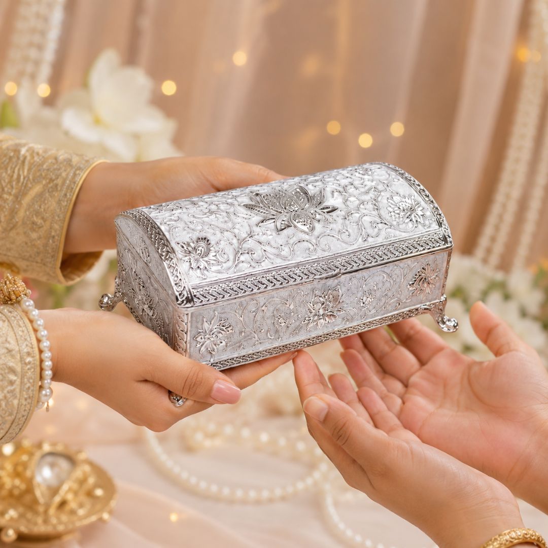 Royal German Silver Embossed Storage Box with Velvet Lining – Luxury Gifting & Décor Piece