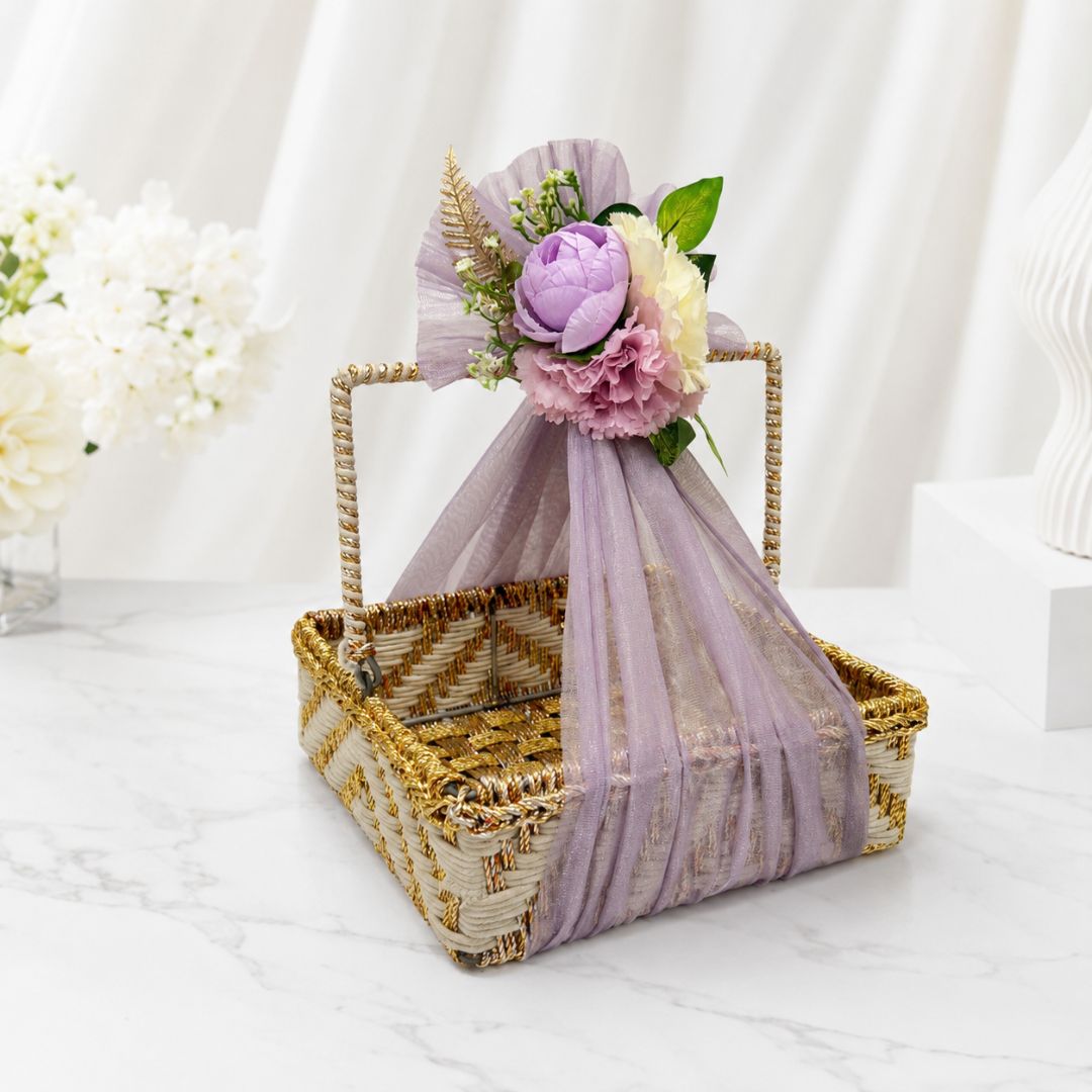 White & Gold Floral Basket (Set of 3) – (10x10 Inches)