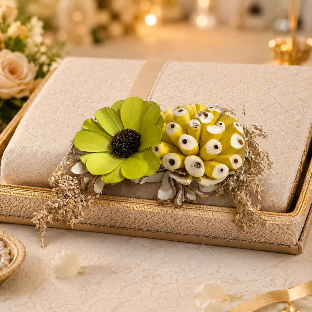 Set of 5 Green & Yellow Floral Decorative Accessories for Hamper & Trousseau Packing
