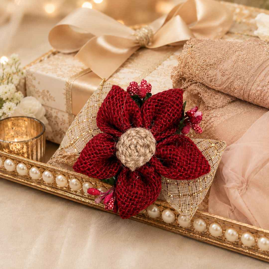 Set of 5 Maroon Jute Floral Golden Bow Decoration Accessories for Hamper Packing