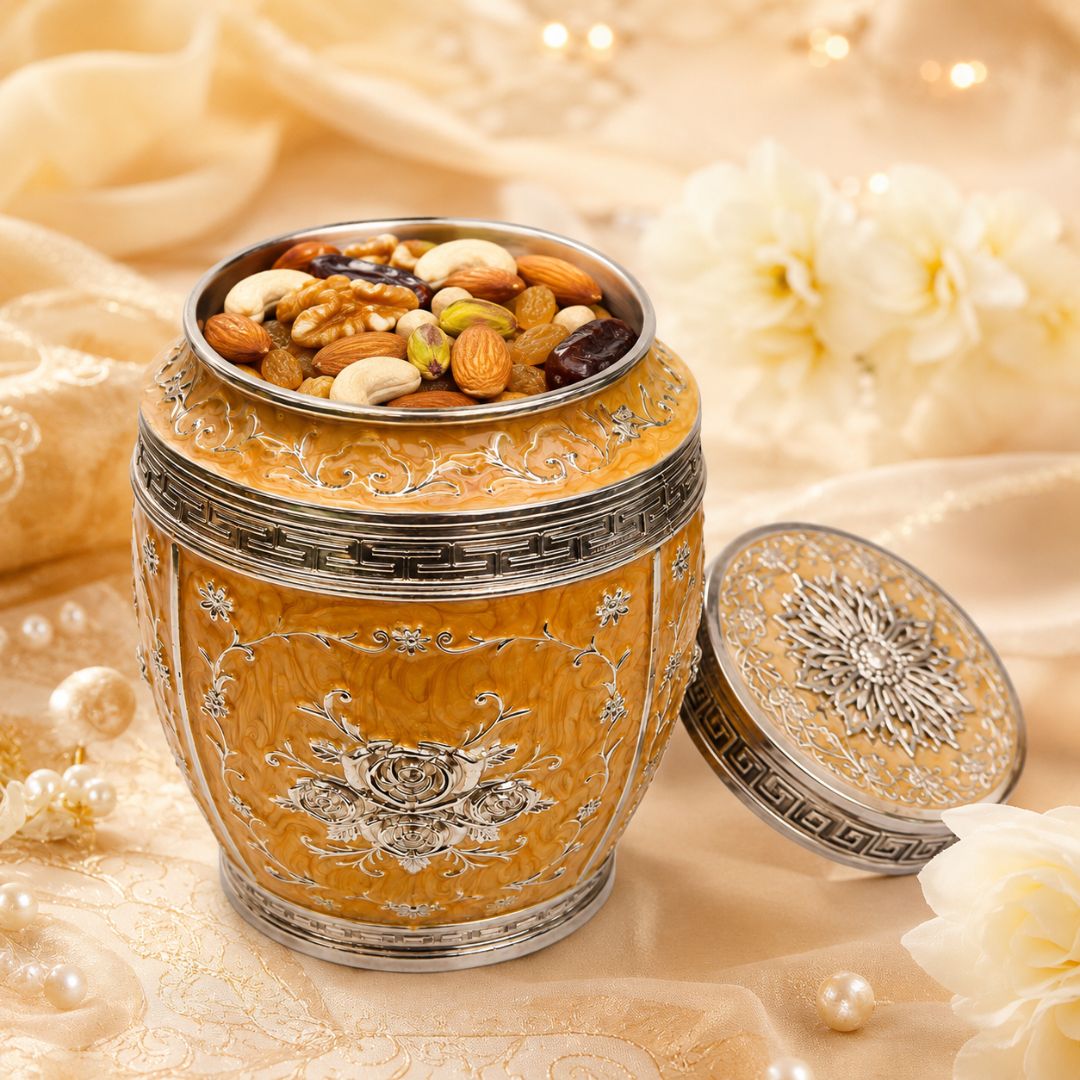Luxury Orange Floral Silver Finish Storage Jar with Lid (7 x 5 Inch)