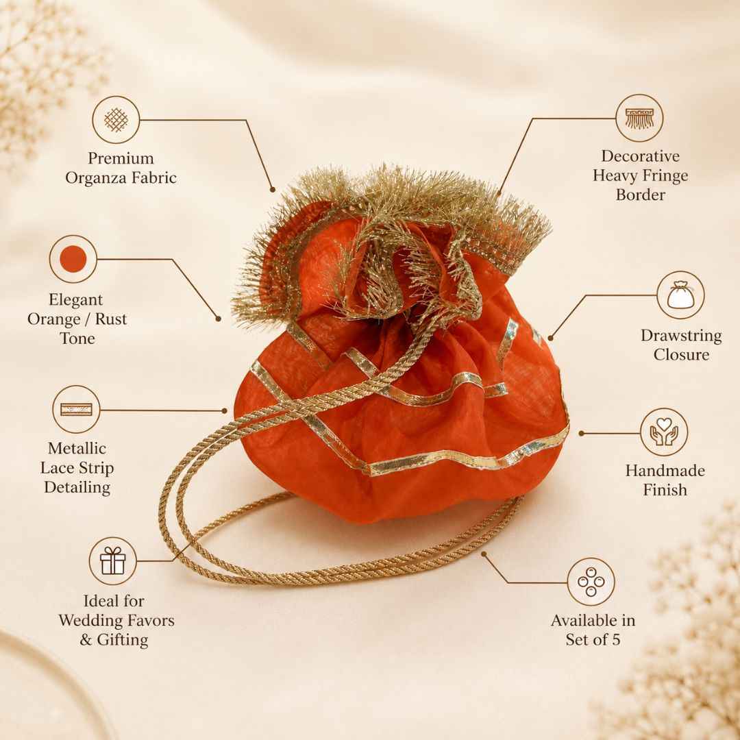 Pack of 5-Orange Gold Lace Drawstring Potli Bag