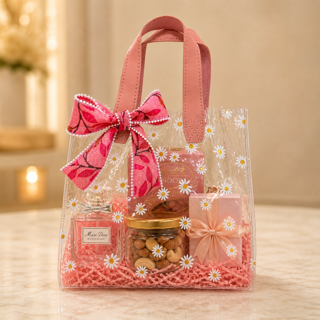 (Set of 5)Premium Transparent Floral Gift Bag with Bow Handle – (10 x 14 Inch)