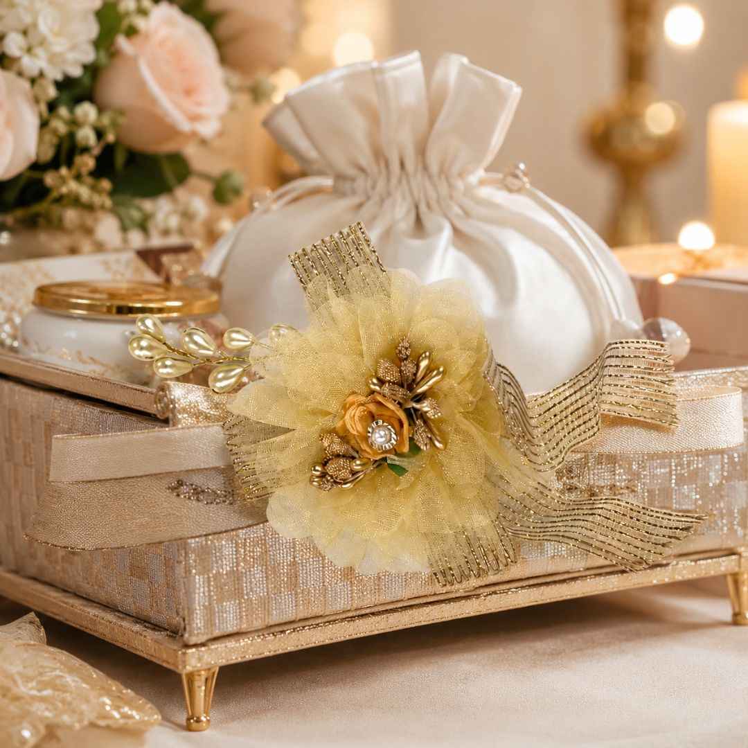 Set of 5 Golden Net Flower Decorative Accessories for Hamper & Trousseau Packing