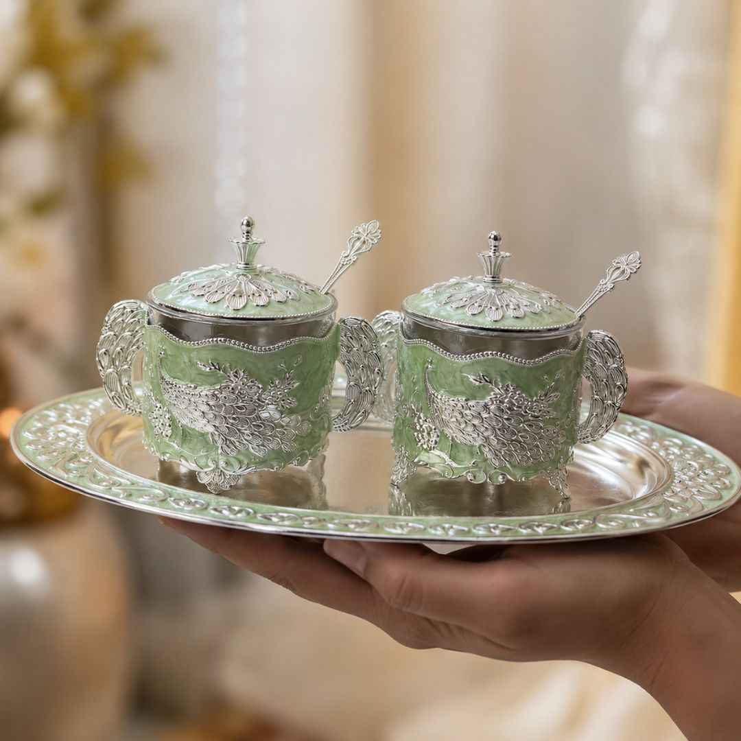 German Silver Green Peacock Container Set with Tray