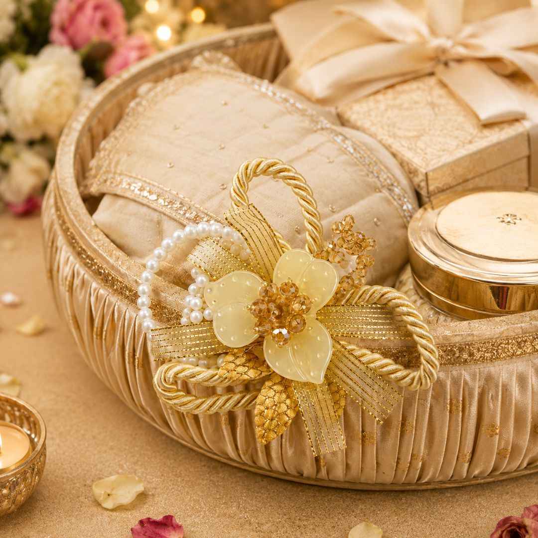 Set of 5 Golden Pearl Loop Floral Decorative Accessories for Hamper & Trousseau Packing