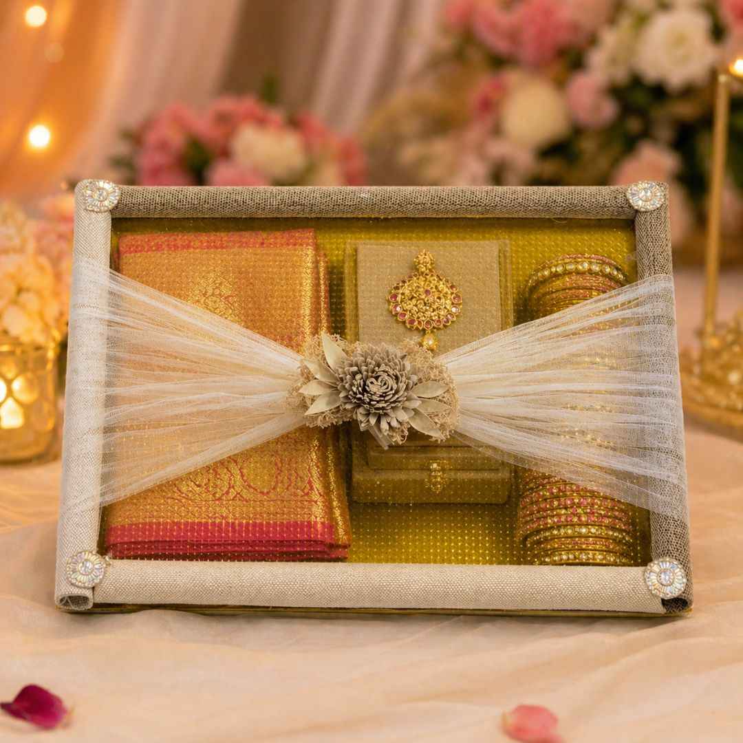 (Set of 3) Eco-Friendly Jute Hamper Trays with Organza & Handcrafted Jute Flower –