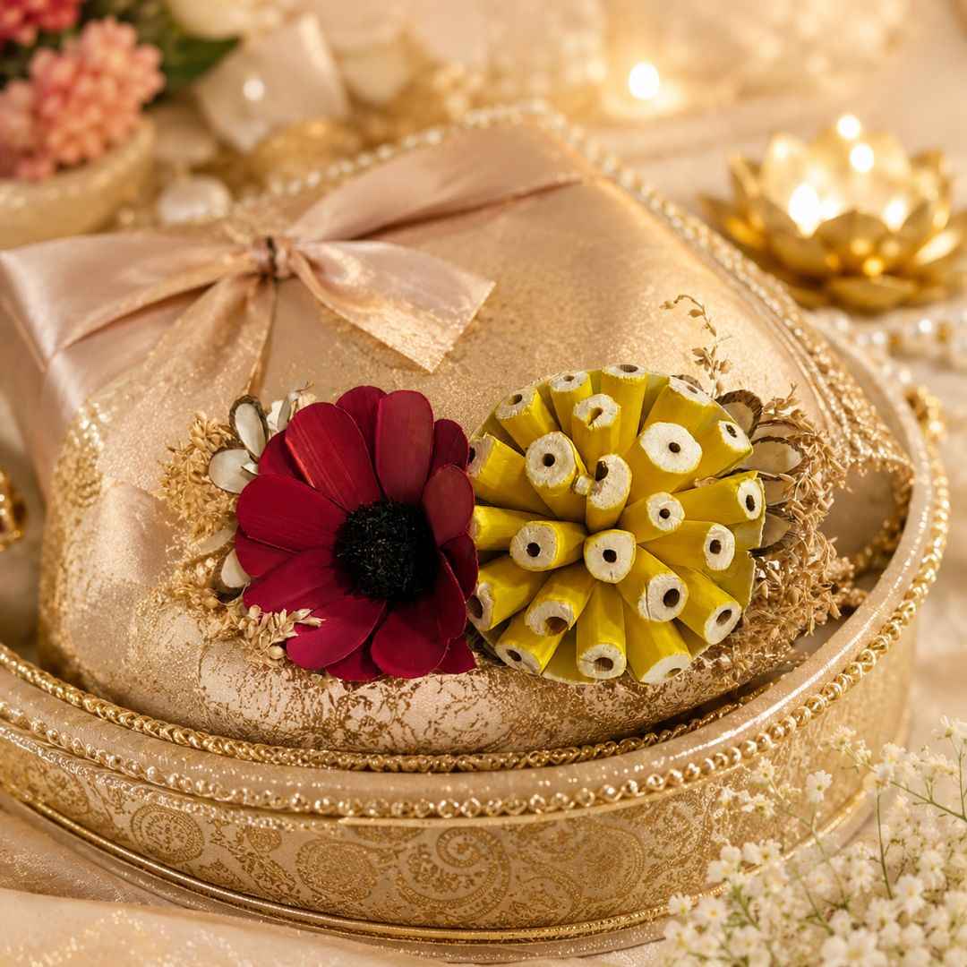 Set of 5 Red & Yellow Floral Decorative Accessories for Hamper & Trousseau Packing
