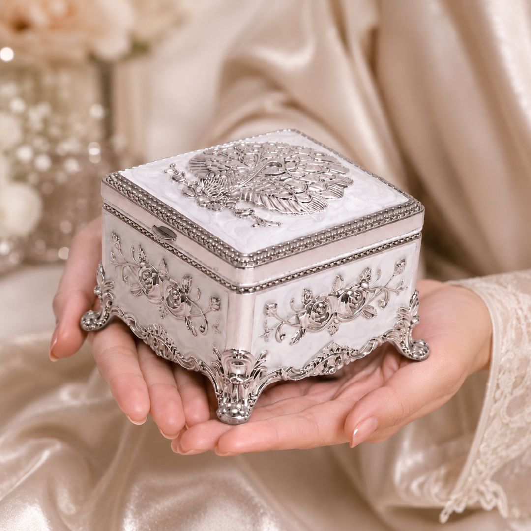 Royal White German Silver Peacock Jewellery Box (3 x 3 x 2 Inch)