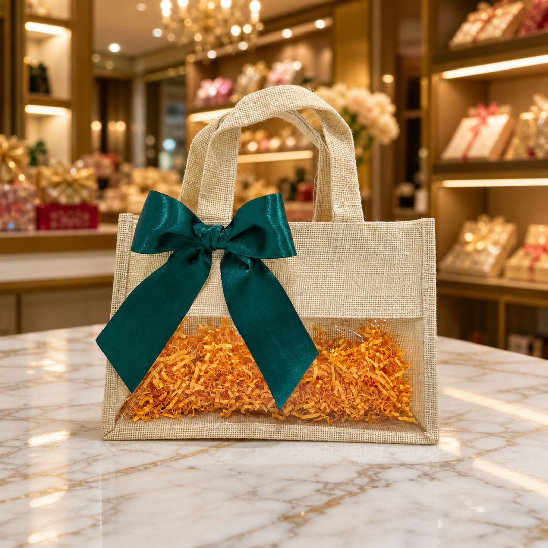 (Set of 5)Premium Jute Gift Bags with Transparent Window & Satin Bow – (12 x 12 Inch)