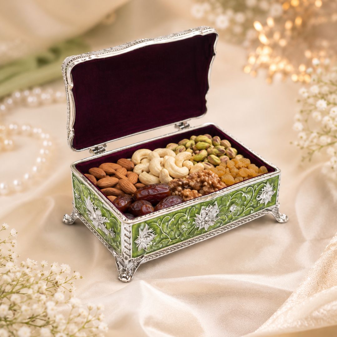 Luxury German Silver Floral Long Storage Box – Green Enamel Finish (7.5 x 3.5 Inch)