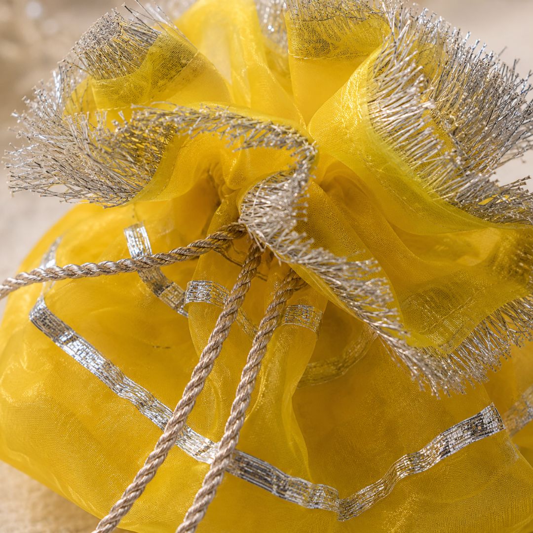 Pack of 5–  Bright Yellow Silver Lace Drawstring Potli Bag