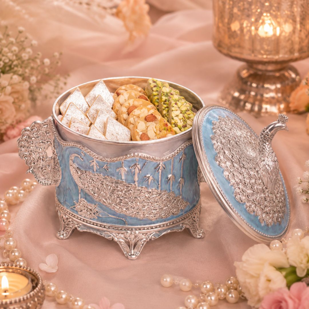 German Silver Peacock Round Jar with Lid – 6 Inch Luxury Sweet & Dry Fruit Box - Adscraft.in