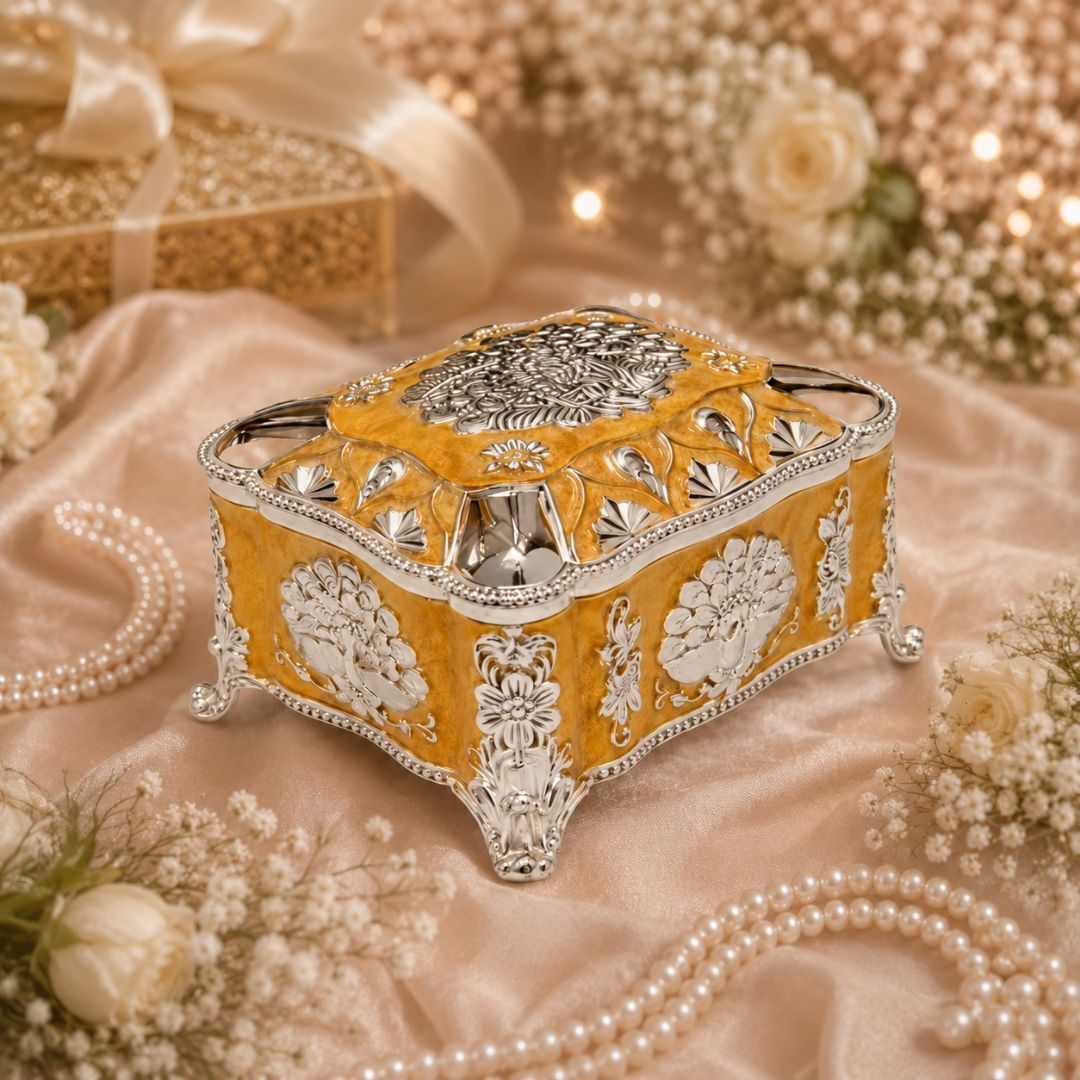 Mustard Enamel German Silver Decorative Jewellery & Keepsake Box (4 x 3 x 3 Inch)