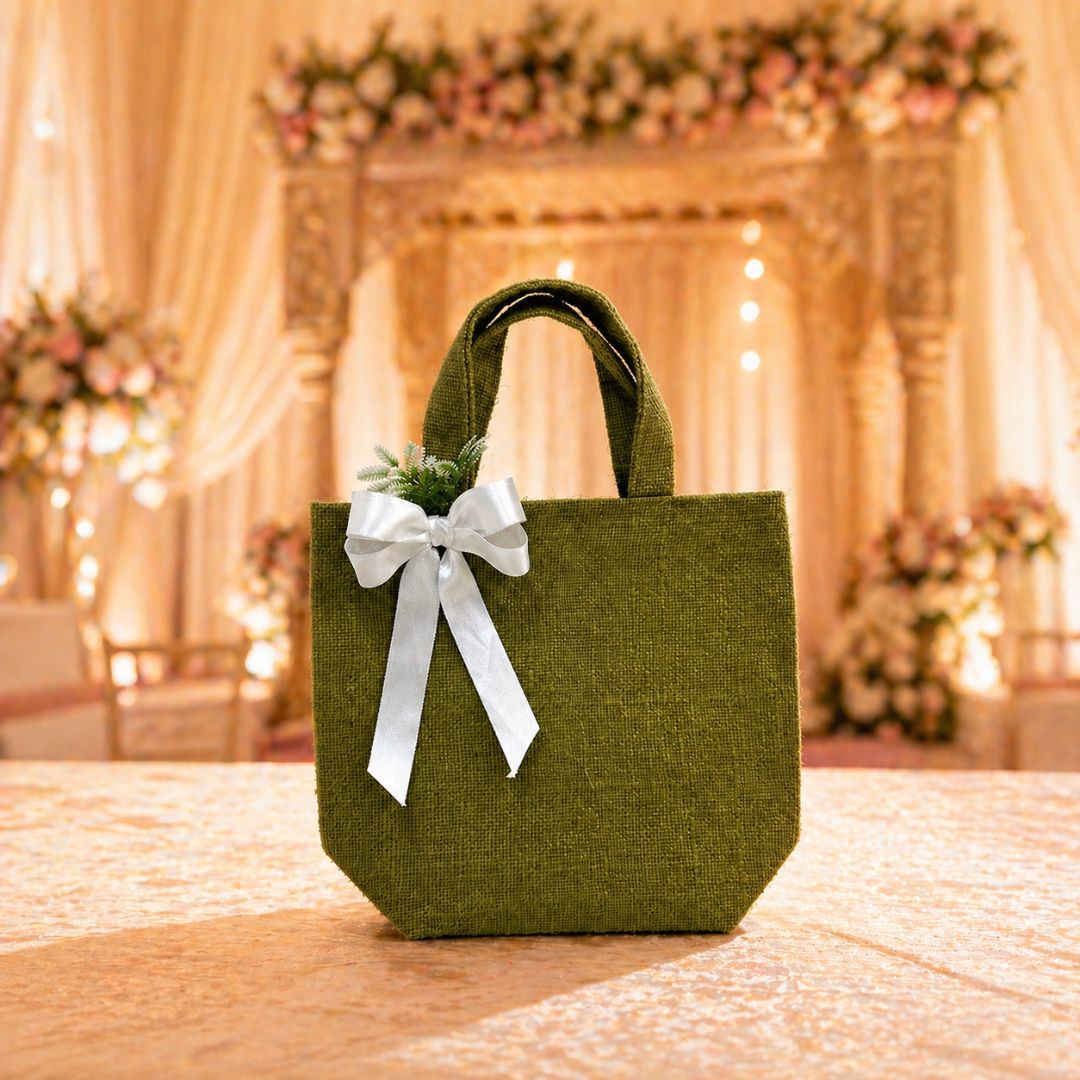 (Set of 5)Premium Olive Green Jute Gift Bag with Ribbon & Floral Accent  –  (11 x 15 Inch Sizes)