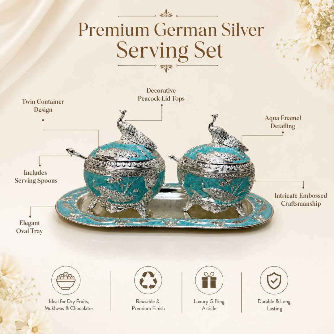 German Silver Aqua Peacock Serving Set with Spoons