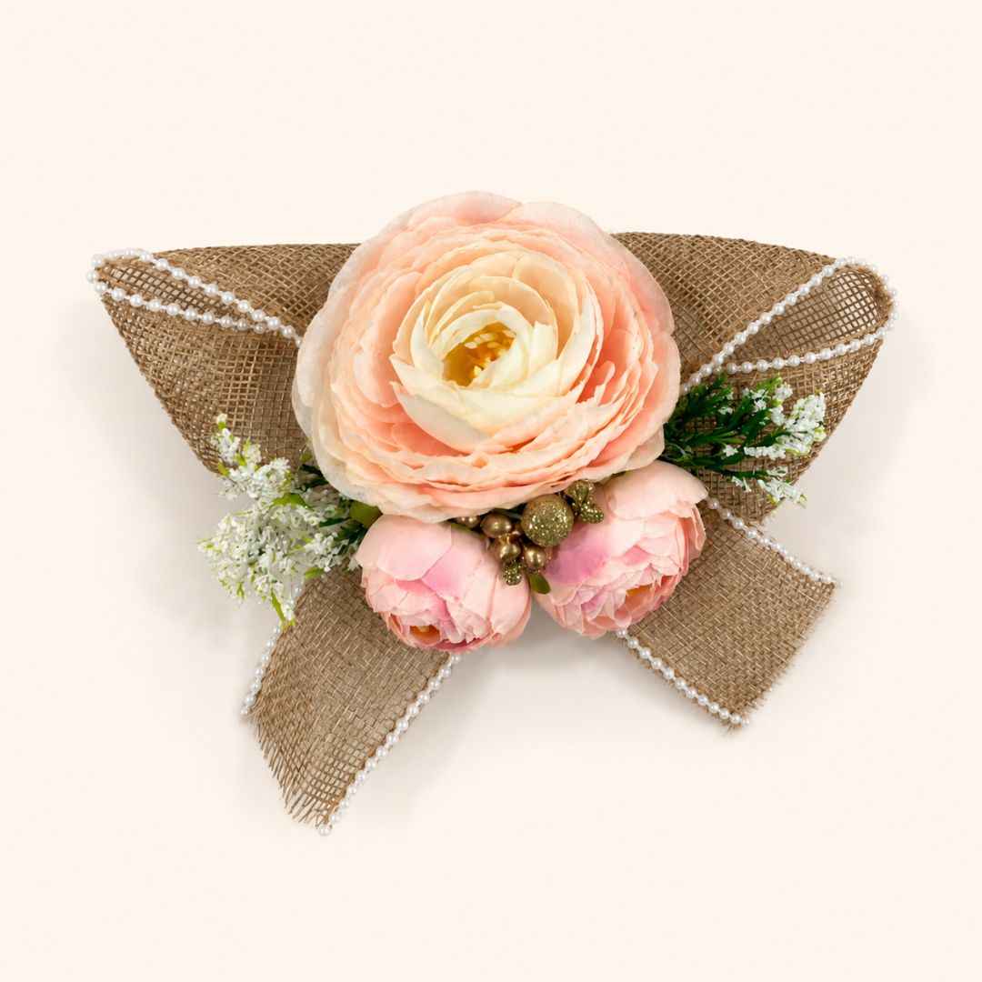 Set of 5 Peach Floral Decorative Accessories with Pearl Mesh Bow for Hamper Decoration