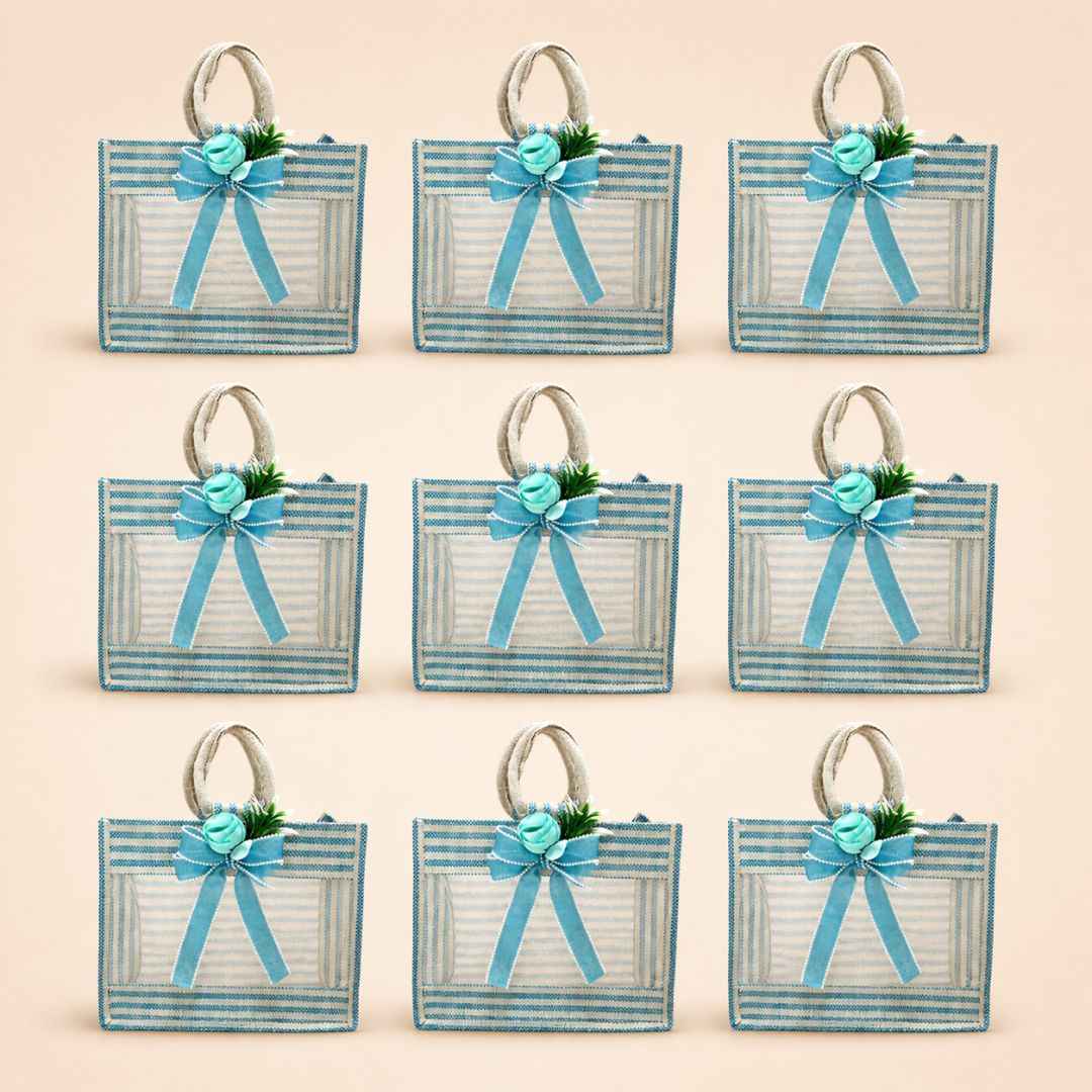 (Set of 5)Premium Blue Striped Jute Gift Bag with Transparent Window & Floral Bow –  (12 x 14 Inches)