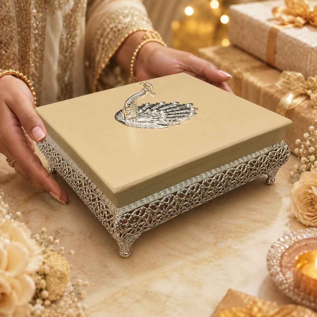 Premium German Silver Peacock Design Gift Box for Festive & Wedding Gifting