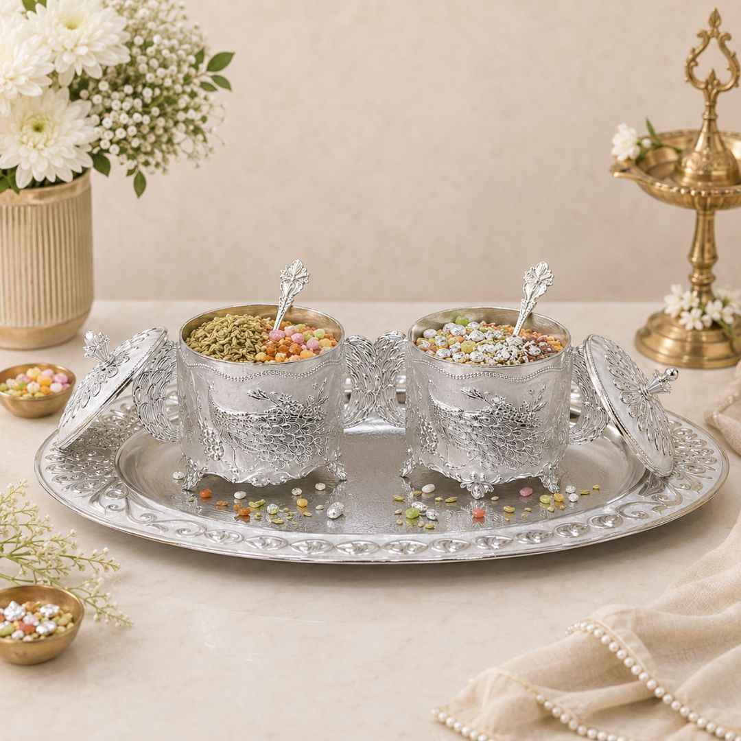 German Silver White Peacock Serving Set with Spoons