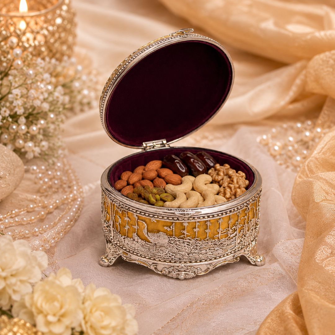 Premium German Silver Peacock Jewellery Box – 3 Inch Round with Velvet Interior