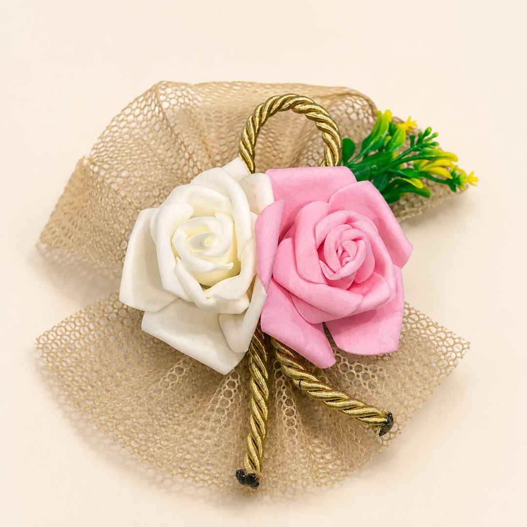 Pack of 5 Pink & White Rose Decorative Net Accessories for Hamper Packing