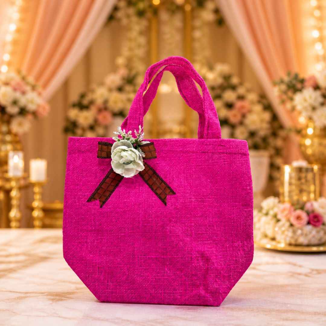 (Set of 5)Premium Pink Jute Gift Bags  with Floral Bow – 11 x 15 Inches