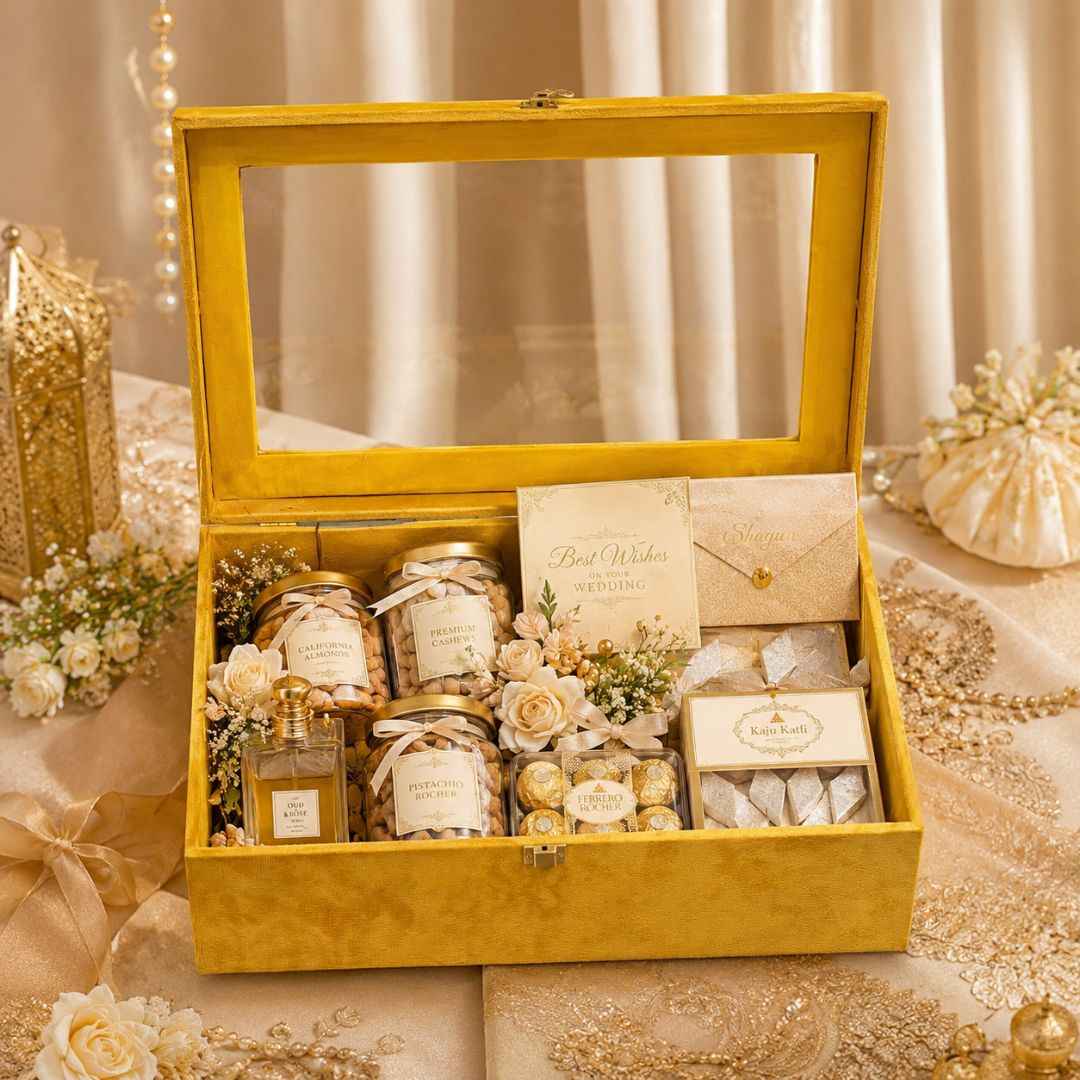 Golden Yellow Transparent Lid Gift Box with Golden Latch