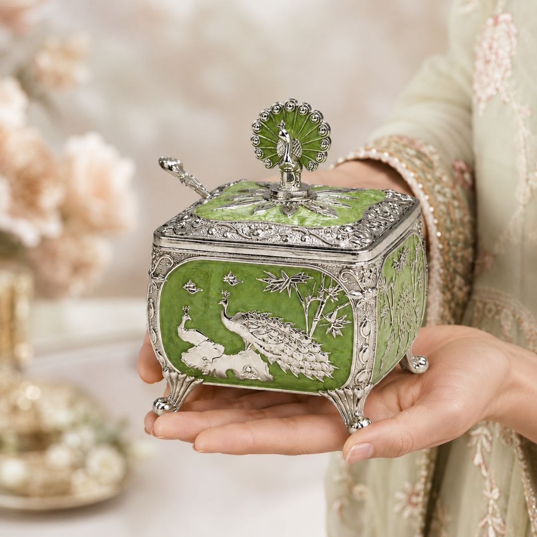 Royal Peacock German Silver Dry Fruit Box (Green) – 4 x 4 Inch with Spoon