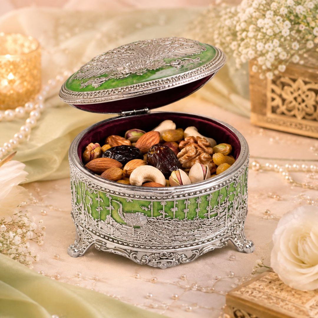 Royal Peacock Enamel Silver Jewellery Box – 3 Inch (Green Finish)