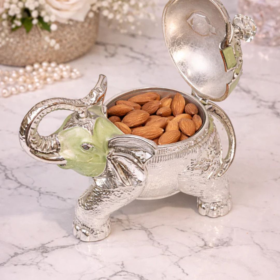 Luxury Silver Elephant Dry Fruit Box – Green Finish | 8 x 6 Inch Decorative Gift Box