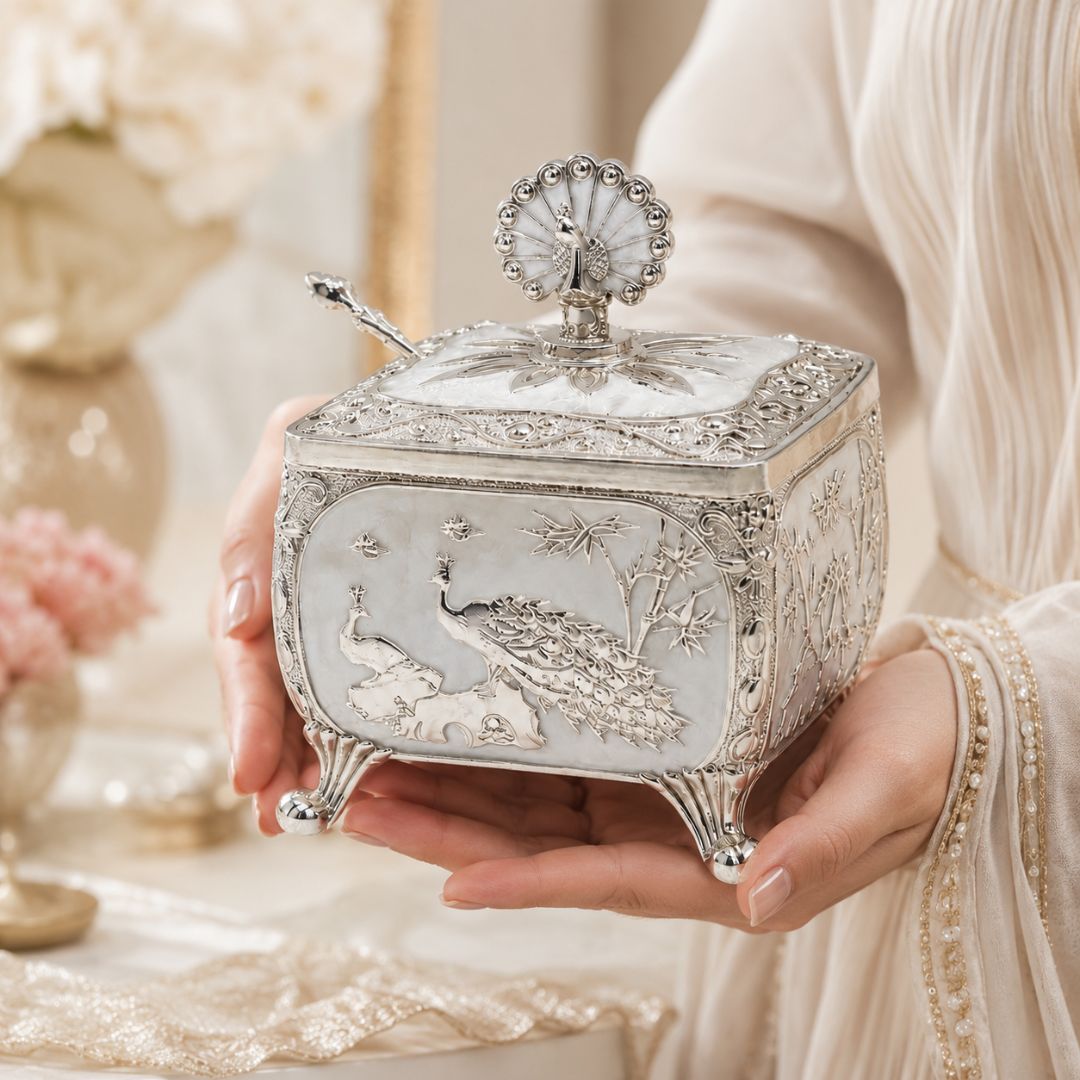 Royal White German Silver Peacock Dry Fruit Box (4 x 4 Inch) – Luxury Wedding & Festive Gift