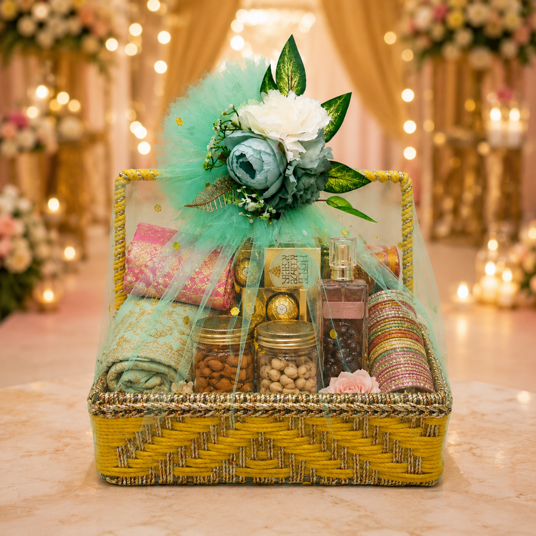 (Set of 3 )Premium Yellow Handwoven Trousseau Basket Set with Mint Net Decor –