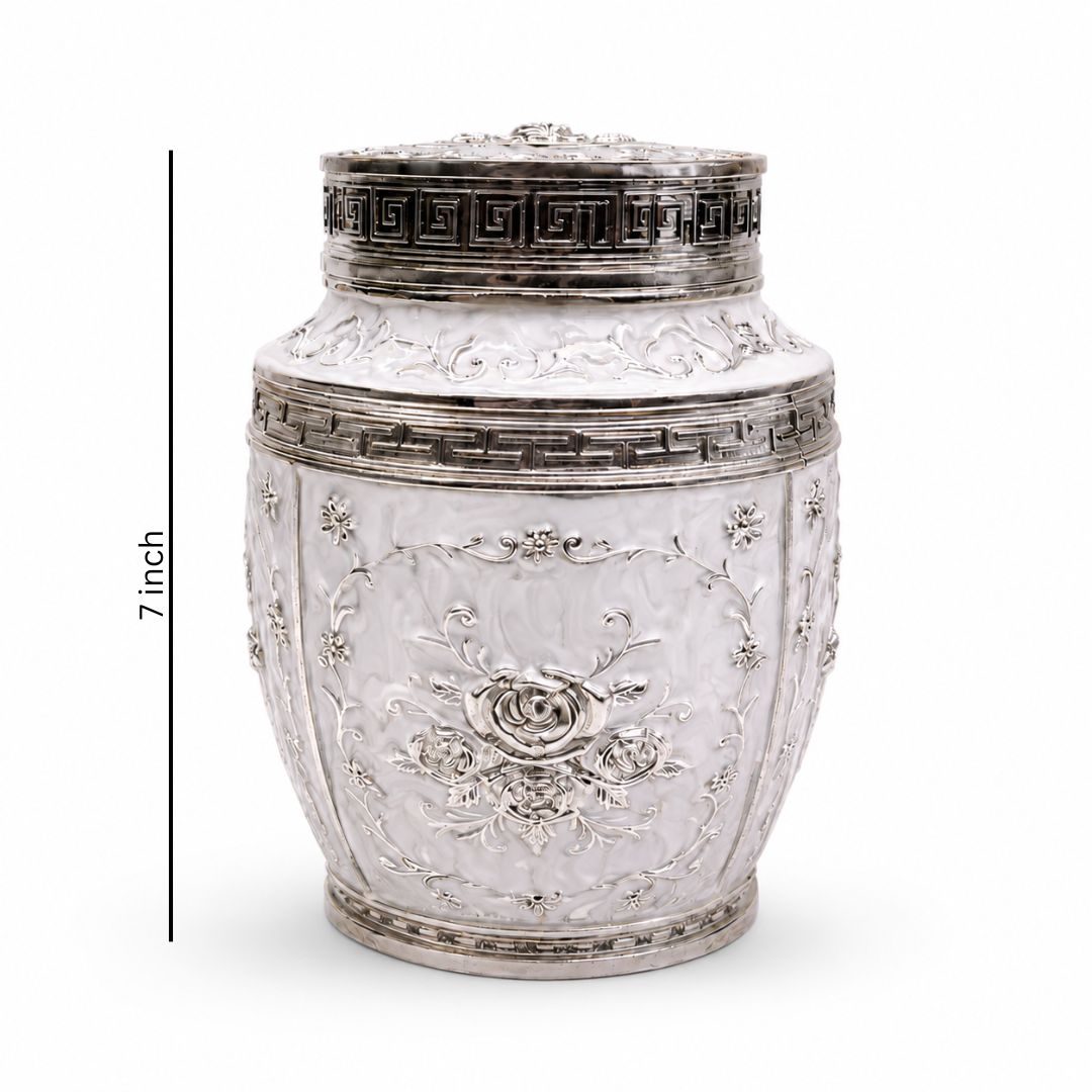 White Floral Silver Decorative Storage Jar (7 x 5 Inch) – Luxury Sweet & Dry Fruit Container