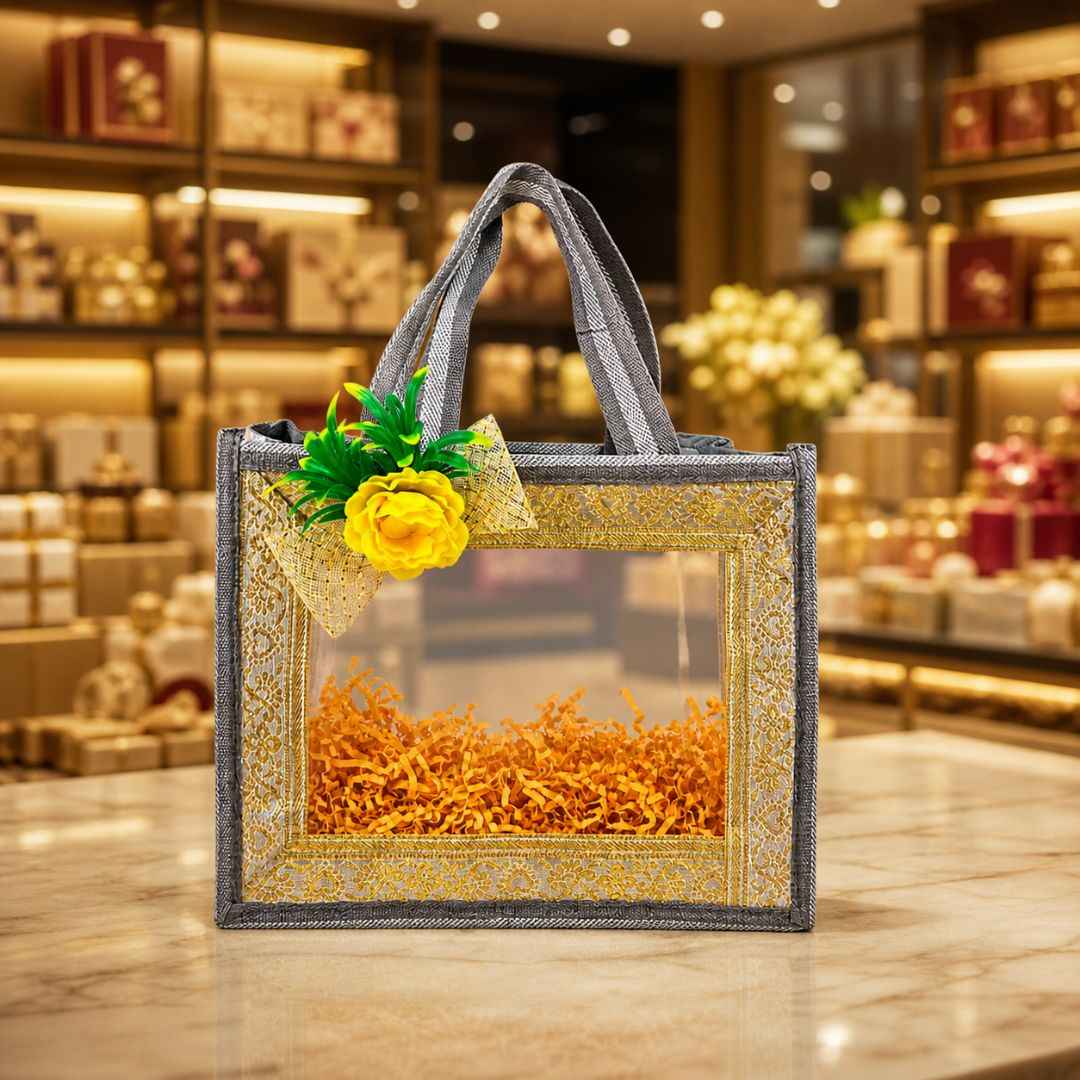 (Set of 5)Premium Grey Transparent Jute Gift Bag with Golden Lace Frame & Floral Decoration (10 x 14 Inches)