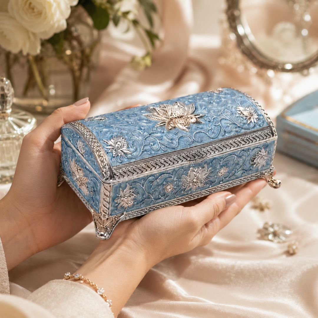 Luxury German Silver Floral Storage Box – Blue Enamel Finish (7.5 x 3.5 Inch)