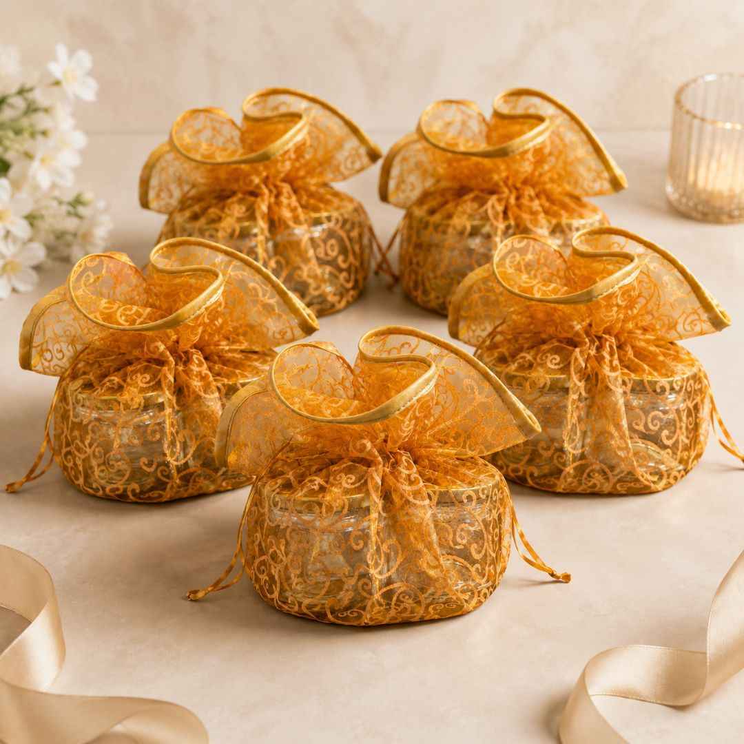 Orange Organza Potli Gift Bag Pack of 5 with Golden Base