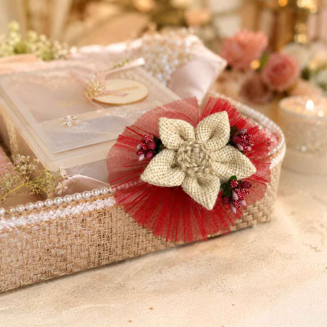 Set of 5 Jute Flower Decorative Accessories with Red Net for Hamper & Trousseau Packing