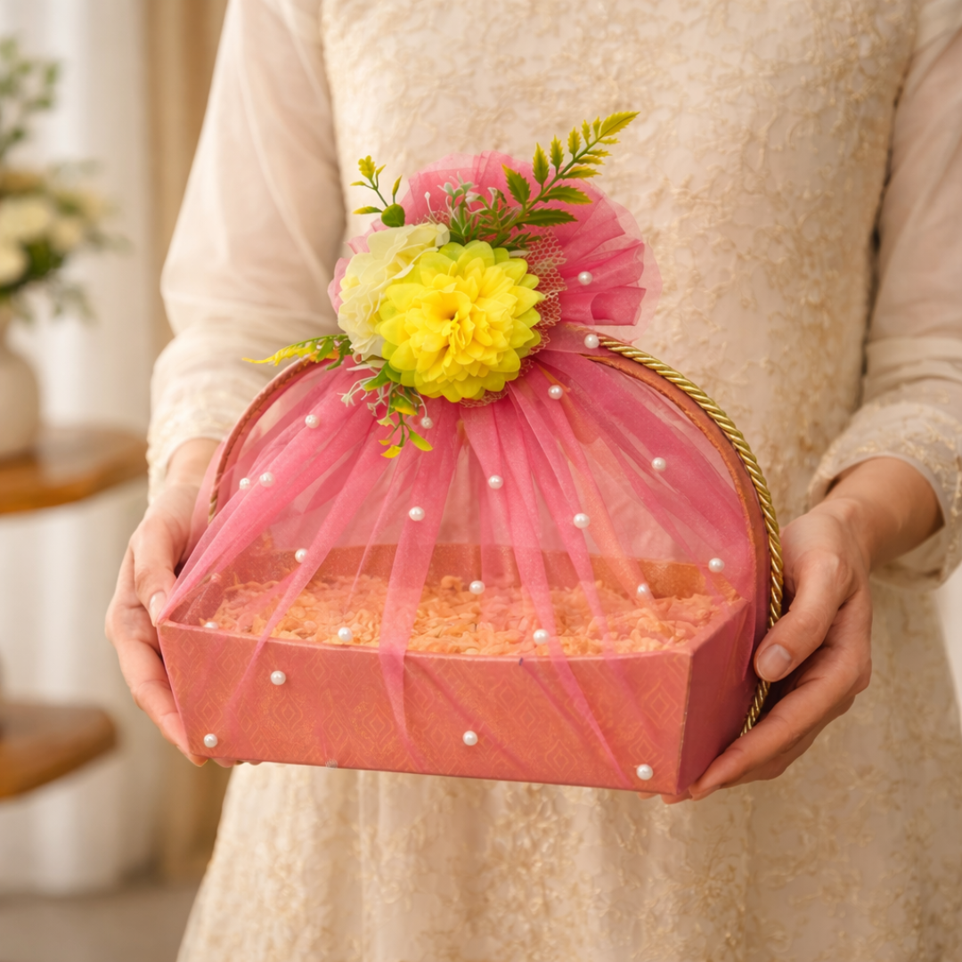 (Set of 3)Premium Peach Net Gift Basket with Floral Top –  (11 x 15 Inches)