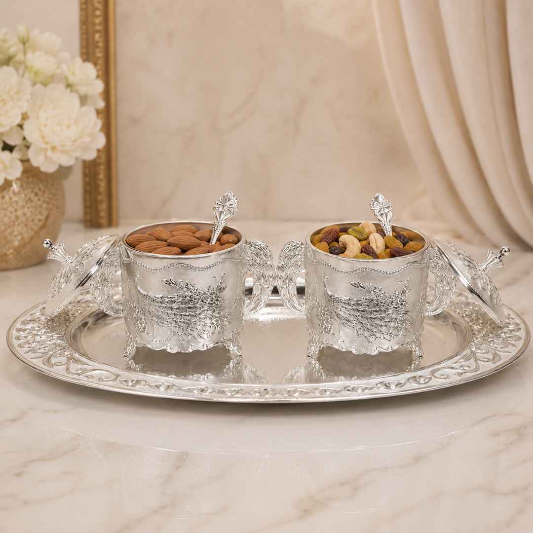 German Silver White Peacock Container Set with Tray