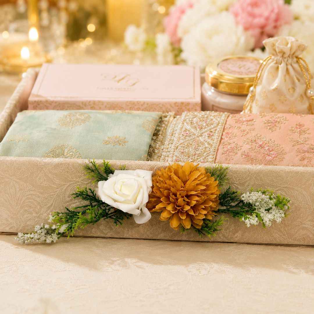 Set of 5 White & Mustard Floral Decorative Accessories for Hamper & Trousseau Packing