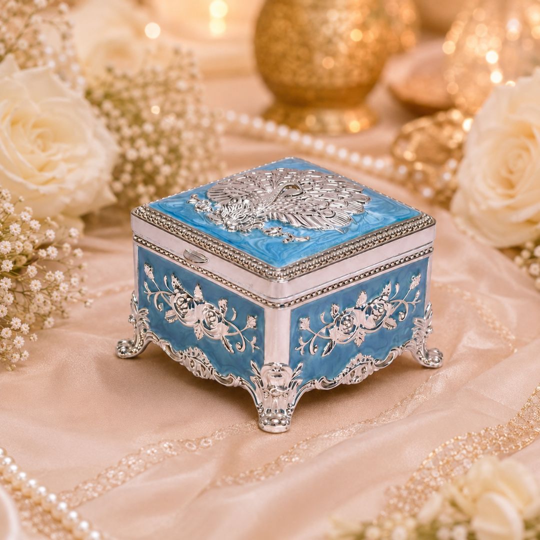 Premium Peacock Design German Silver Jewelry Box – Sky Blue (3 x 3 Inch)