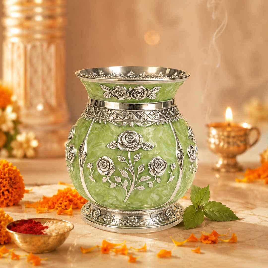 German Silver Floral Kalash with Green Enamel Work
