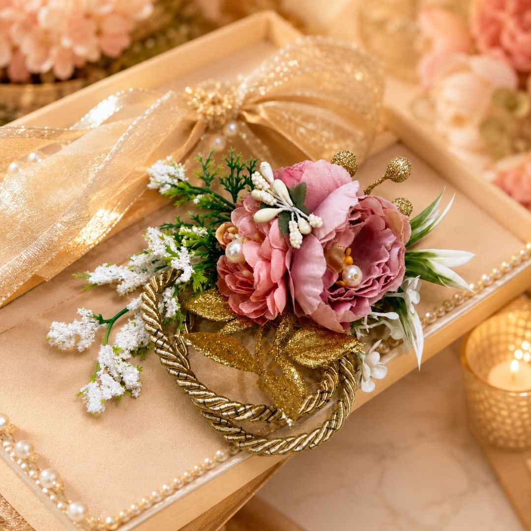 Pack of 5 Pink Floral Golden Loop Decoration Accessories for Hamper Packing